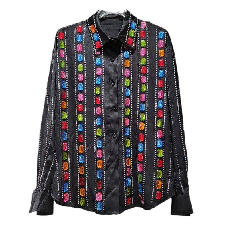 Sanyao Fashion - Wholesale Overhemd met knopen - Dames - M244 Glam Gestreepte Rhinestone Blouse met Handgemaakte Glans2