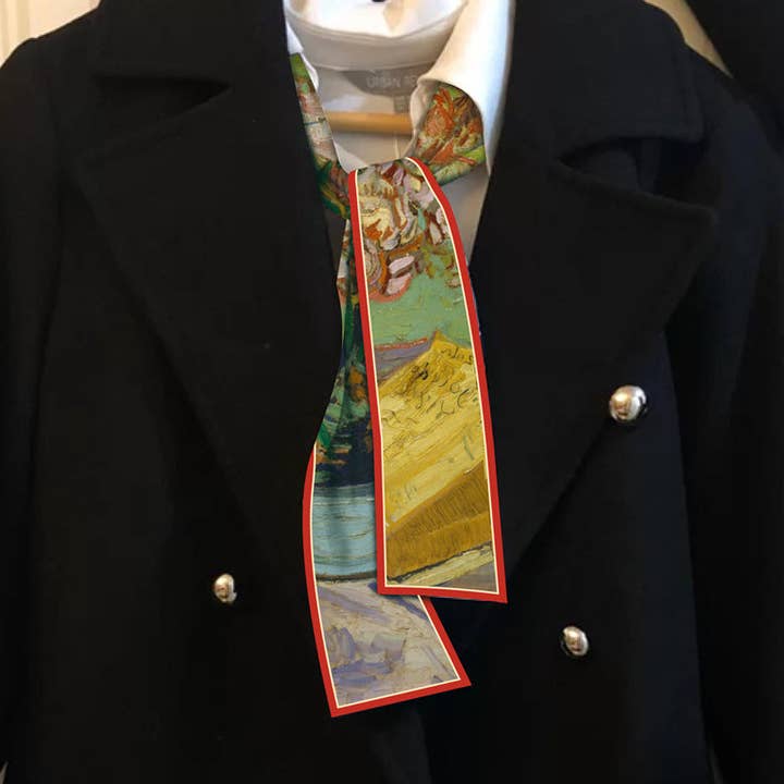 Van Gogh-Inspired Narrow Scarf - Wheat Fields & White Roses for wholesale by SueSilkHK