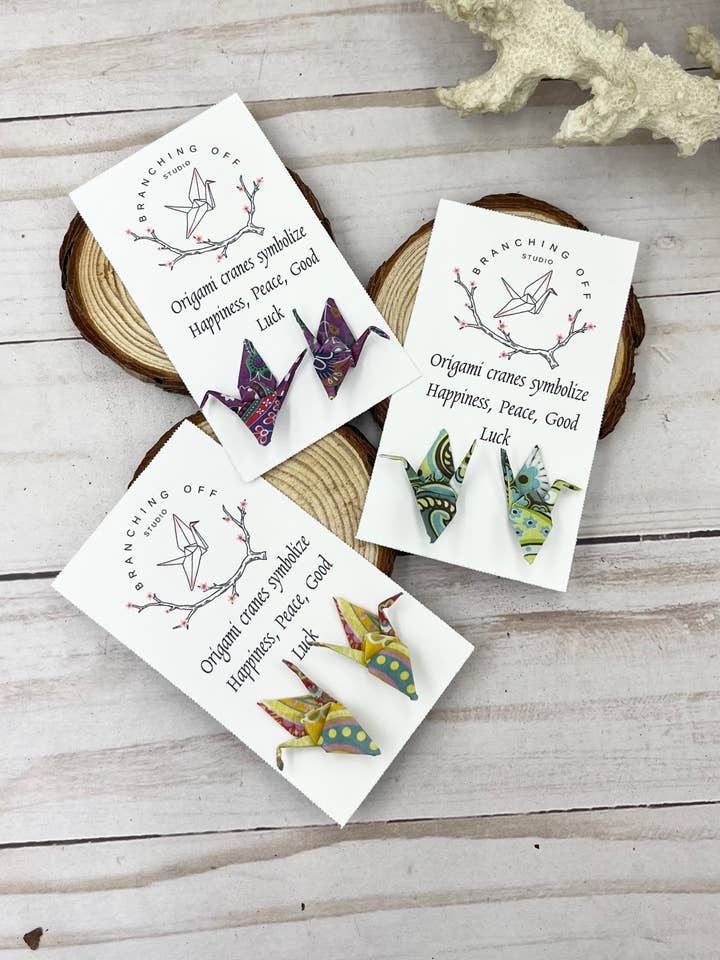 Origami Crane Post Earrings for wholesale by Branching Off Studio