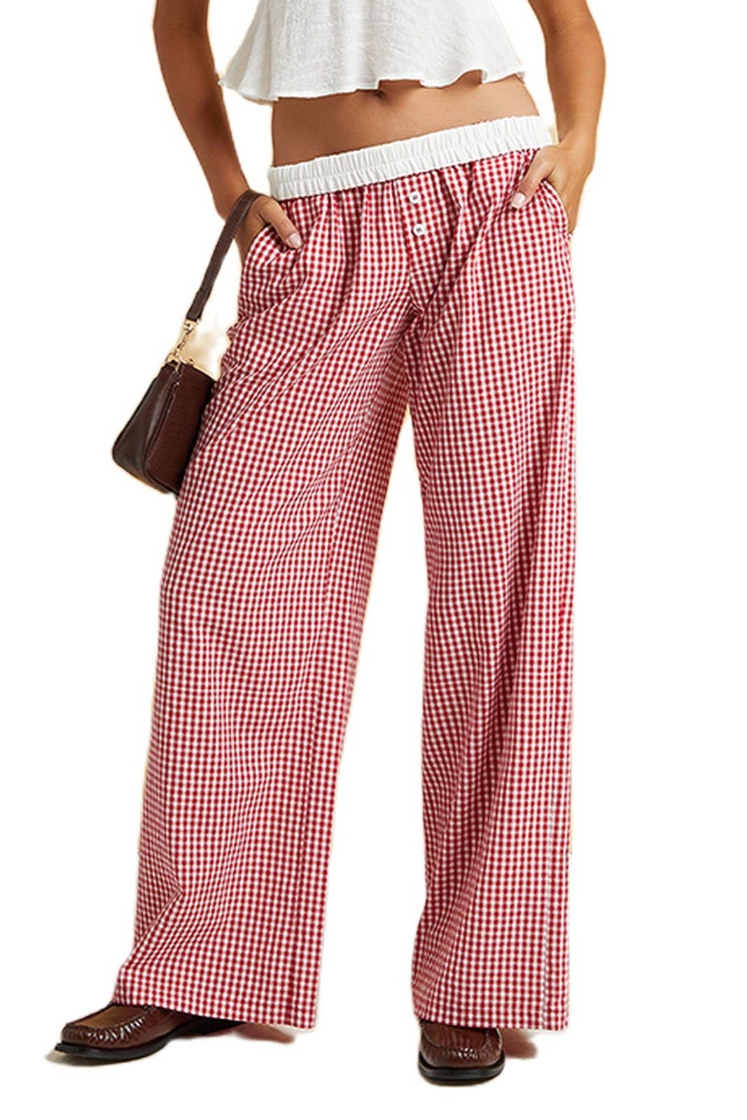 Rosa Clothing - Wholesale Pants - Women's - easy daily patchwork gingham wide leg pants6