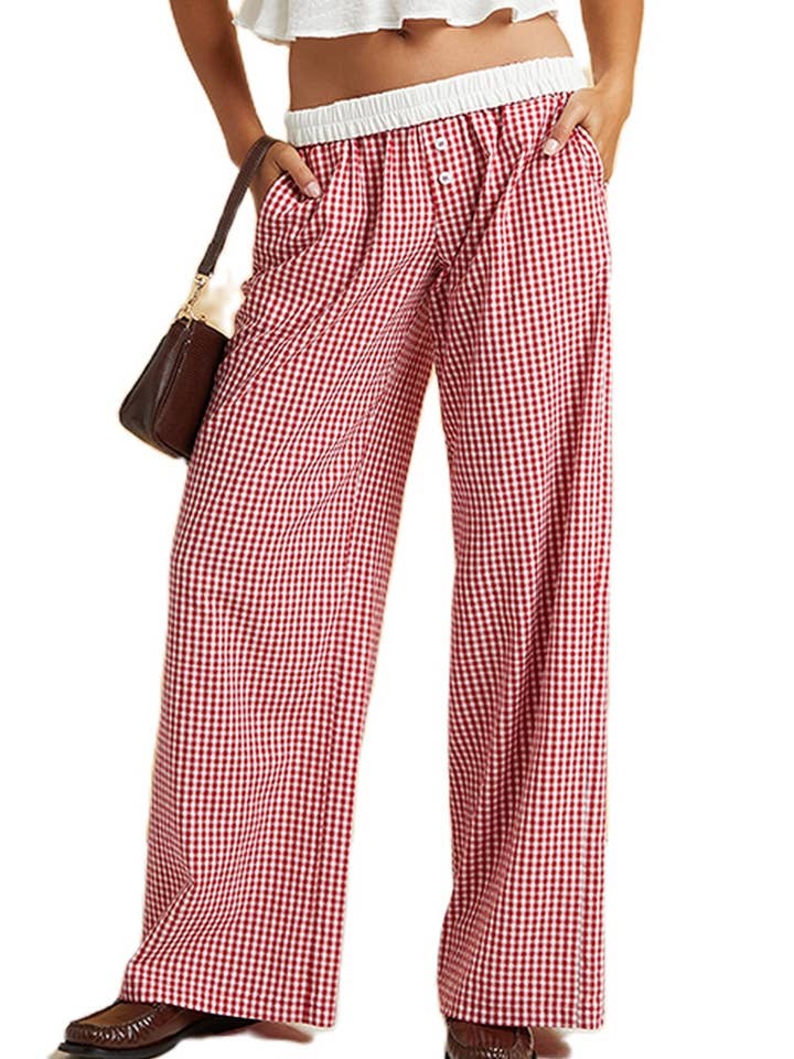 Rosa Clothing - Wholesale Pants - Women's - easy daily patchwork gingham wide leg pants6