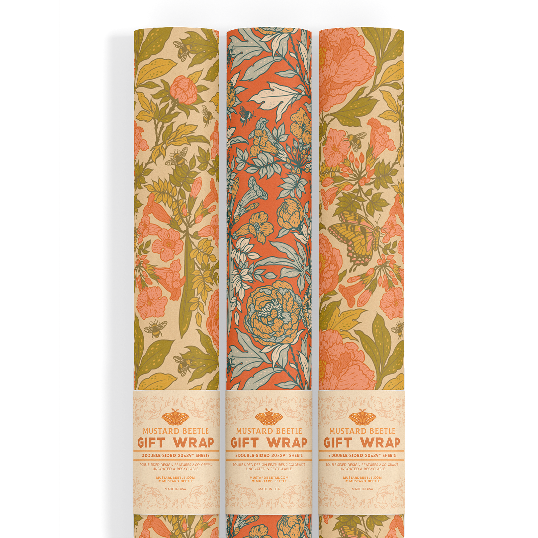 Mustard Beetle - Wholesale Flat Wrap - Recyclable Gift Wrap / Wrapping Paper: Peonies4