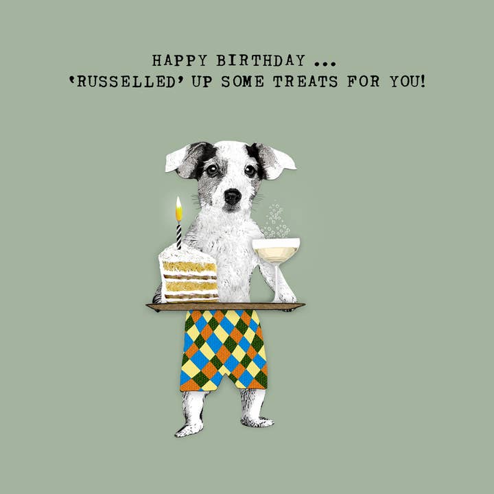 Sally Scaffardi Design - Vente Cartes d'anniversaire - VERS 022... Carte d'anniversaire... Chien Jack Russell avec friandises1