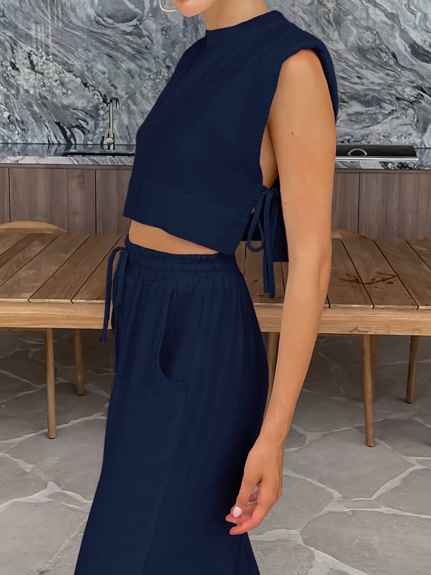 Sweetkama - Vendita all'ingrosso Completo top e pantaloni (NON loungewear) - Donna - Set 2 pezzi top corto senza maniche e pantaloni in lino 2TZ218613