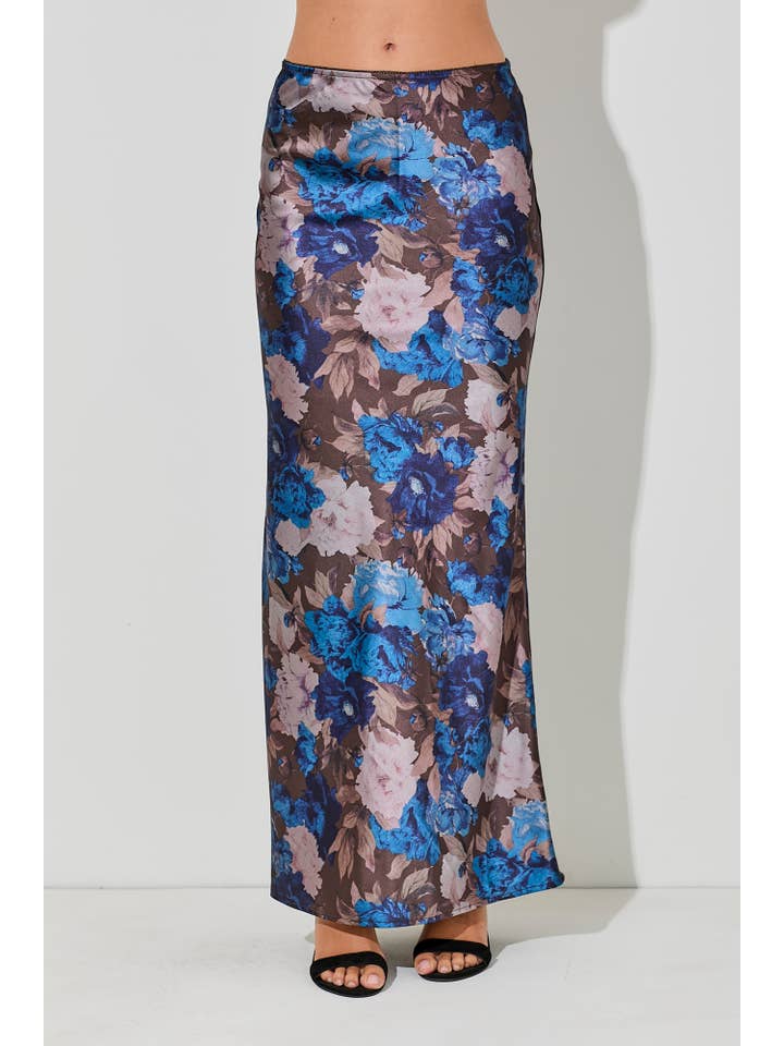 Baevely by Wellmade USA - Wholesale Skirt - Women's - FLORAL SATIN MAXI SKIRT WITH SLIT