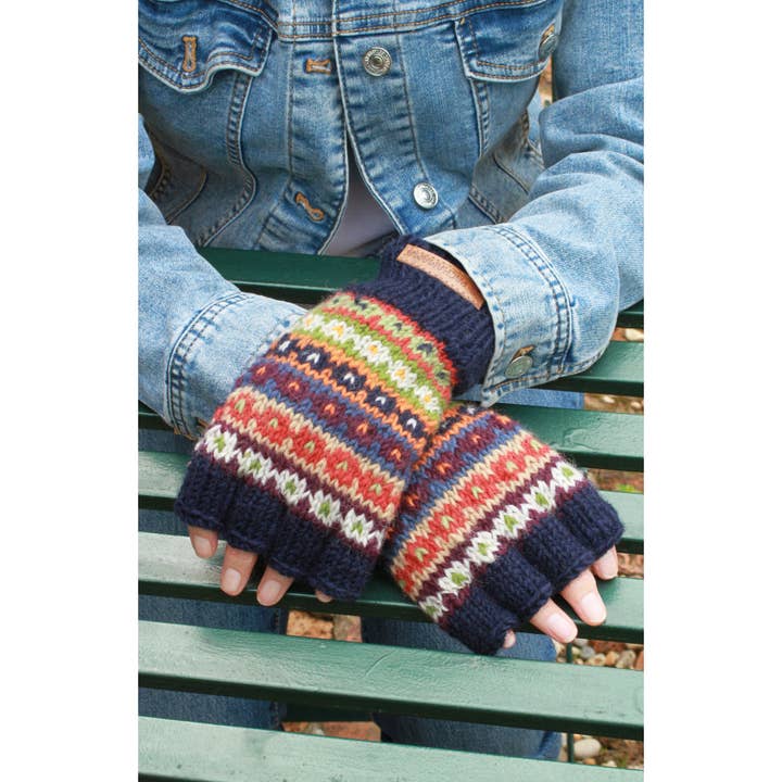 Un color Colorado - Guantes sin dedos de punto Fair Isle azul oscuro para mujer de venta al por mayor en Faire2