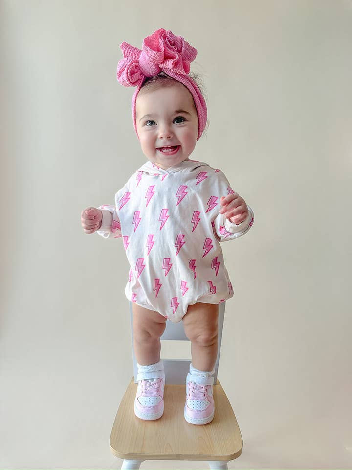 Hooded Bubble Romper | Pink Bolts for wholesale by Lucky Panda Kids