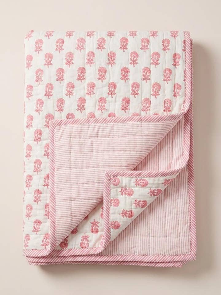 Organic Cotton Toddler Quilt – Pink Butti Block Print | Reversible Cot Quilt for wholesale by Kapara London