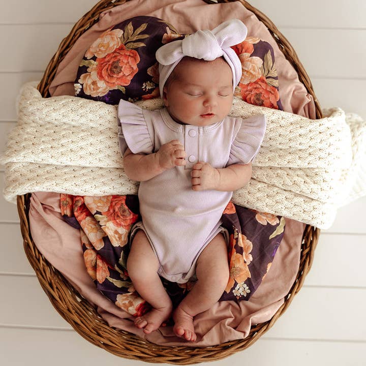 Lavender Short Sleeve Organic Bodysuit with Frill for wholesale by Snuggle Hunny