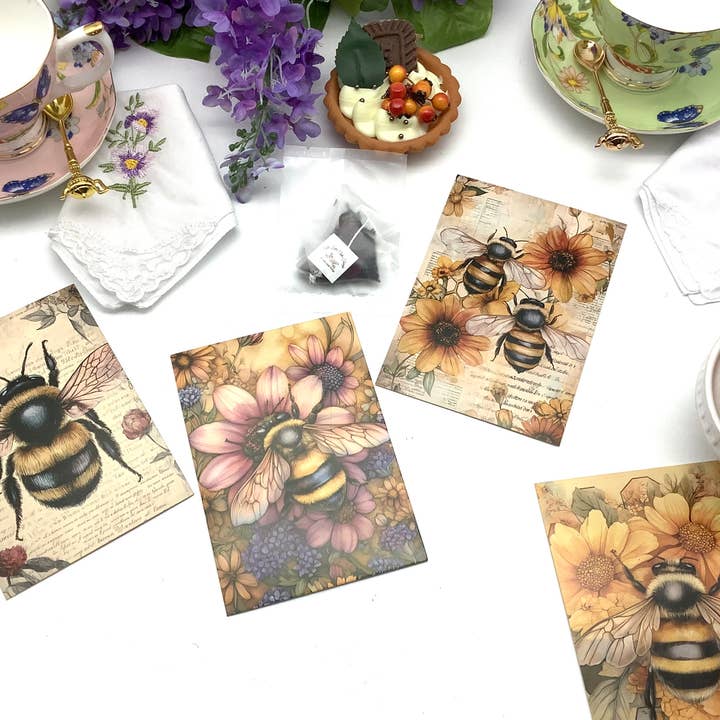 Tea and Queen Bee Postcard with Black Tea Pyramid tea pack for wholesale by All Little Cute Things