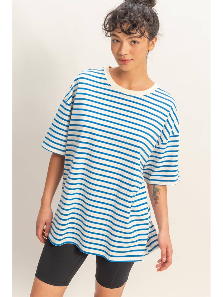 Striped Short Sleeve Crew Neck Oversized Cotton Tee for wholesale by HYFVE