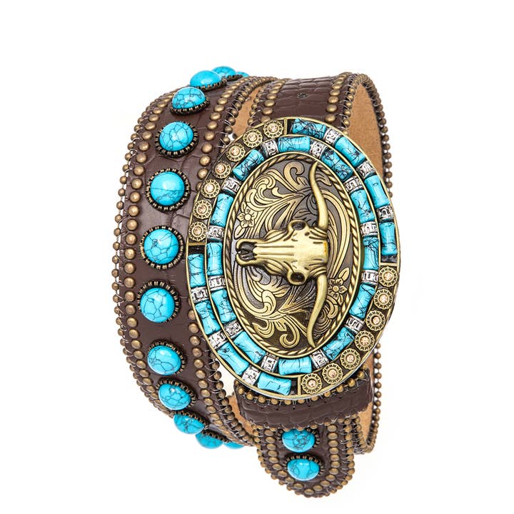 Rope & Spurs - Wholesale Belt - Women's - Long Horn Buckle Turquoise Pave Stone Western Belt