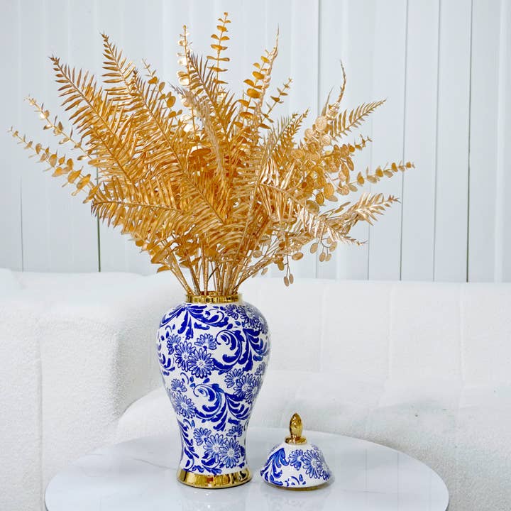 Amazing Rugs - Wholesale Decorative Jar - White Ceramic Ginger Jar Vase with Blue & Gold Accents