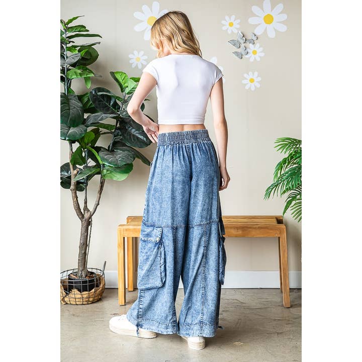 DENIM WASHED MID RISE 3D POCKETS CARGO PANTS for wholesale on Faire