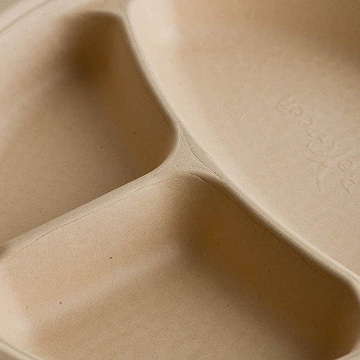 EcoQuality - Wholesale Disposable Plate - Compostable Natural 3 Compartment Sugarcane Round Plates3