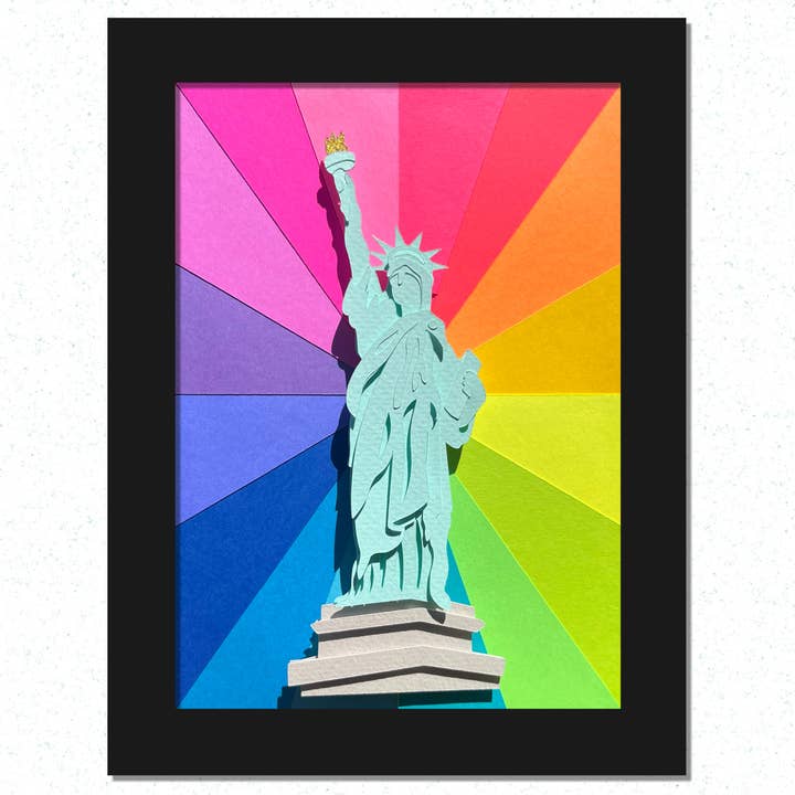 NYC Statue of Liberty (rainbow) Framed, Handmade, Paper Art for wholesale by Paper for the People