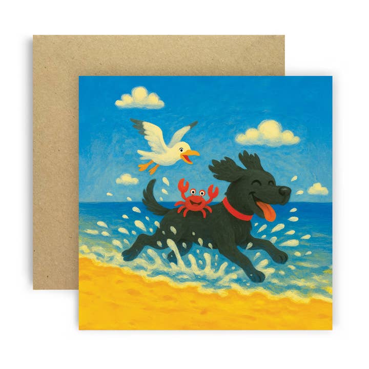 Three Amigos Splashing Cute Dog Coastal Greetings Card for wholesale by Huxters