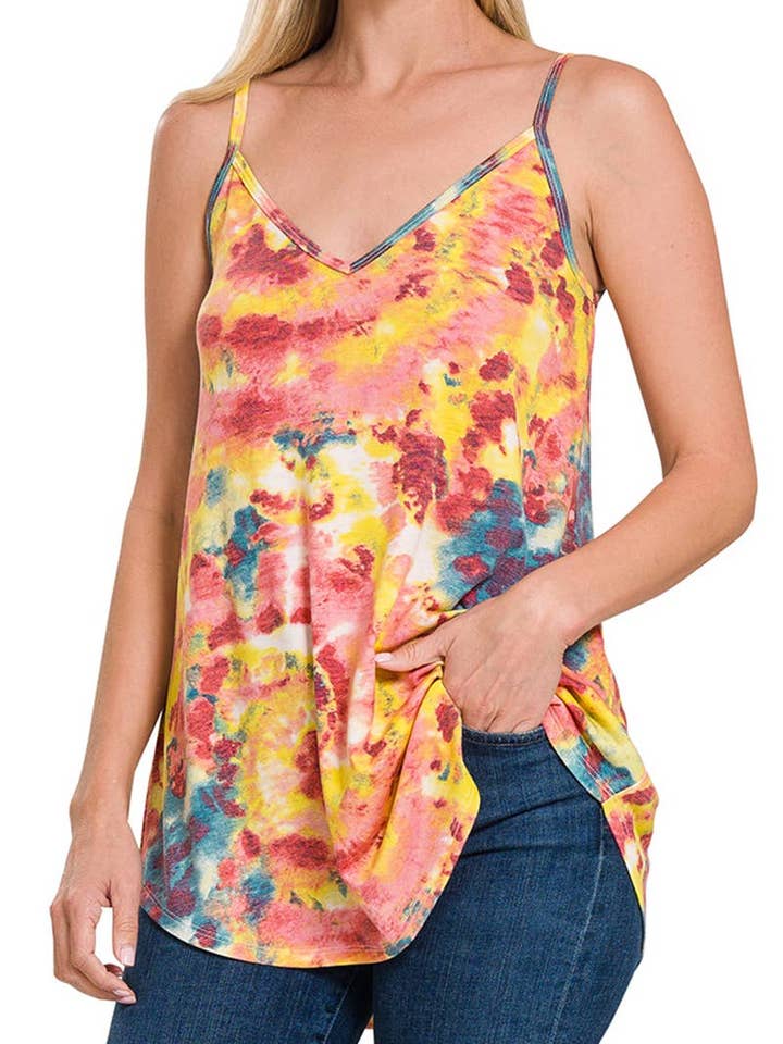 Batikfarvet vendbar spaghetti-top med for- og bagside for engroshandel hos Vanilla Monkey