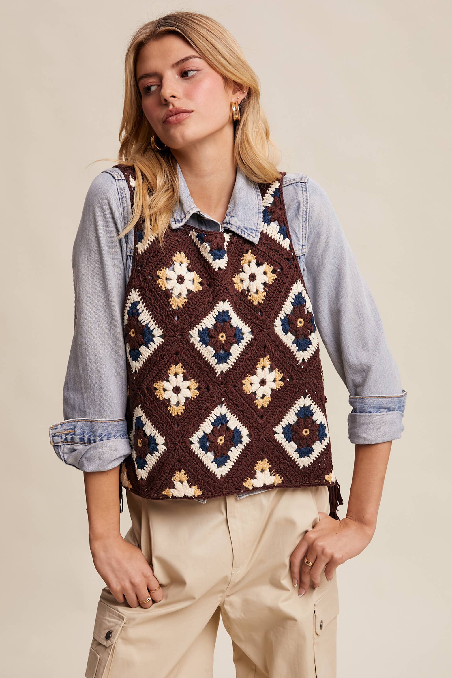 Listicle - Wholesale Sweater Vest - Women's - Crochet Granny Square Tassel Tie Vest LSW10063
