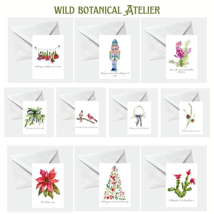 Bundle of 10 Holiday Cards, Option 2 for wholesale by Wild Botanical Atelier