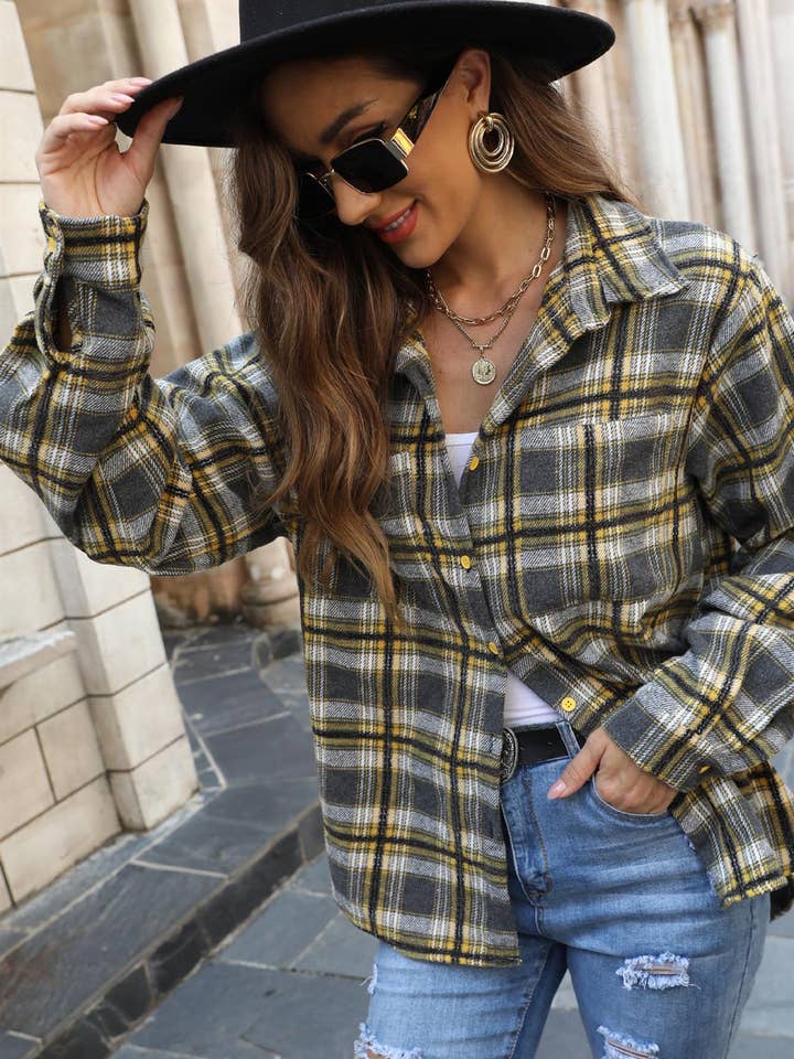 Gul børstet Check Oversized Pocket Detail Shacket Shirt Jakke I Grå for engroshandel hos FS Collection (Germany)