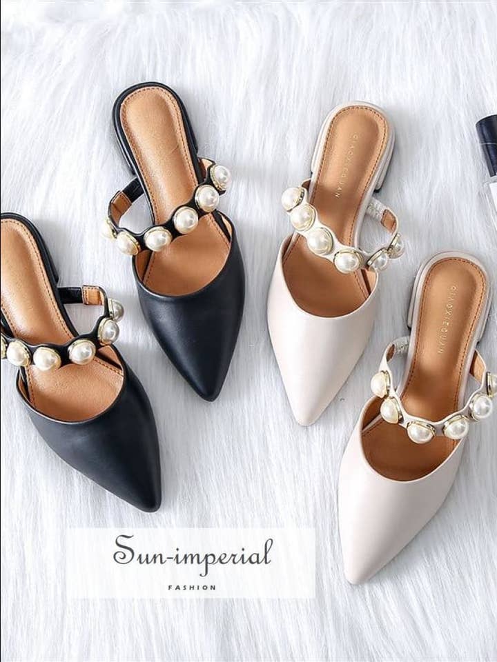 Sun Imperial – Großhandel Sandalen – Damen – Schwarze flache Schuhe mit spitzen Hausschuhen mit Perlenband und niedrigem Absatz