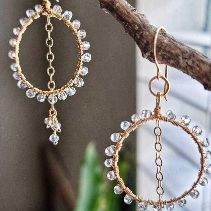 Crystal Circles Geometric Earrings with Chain Dangles for wholesale by 365 Jewelry