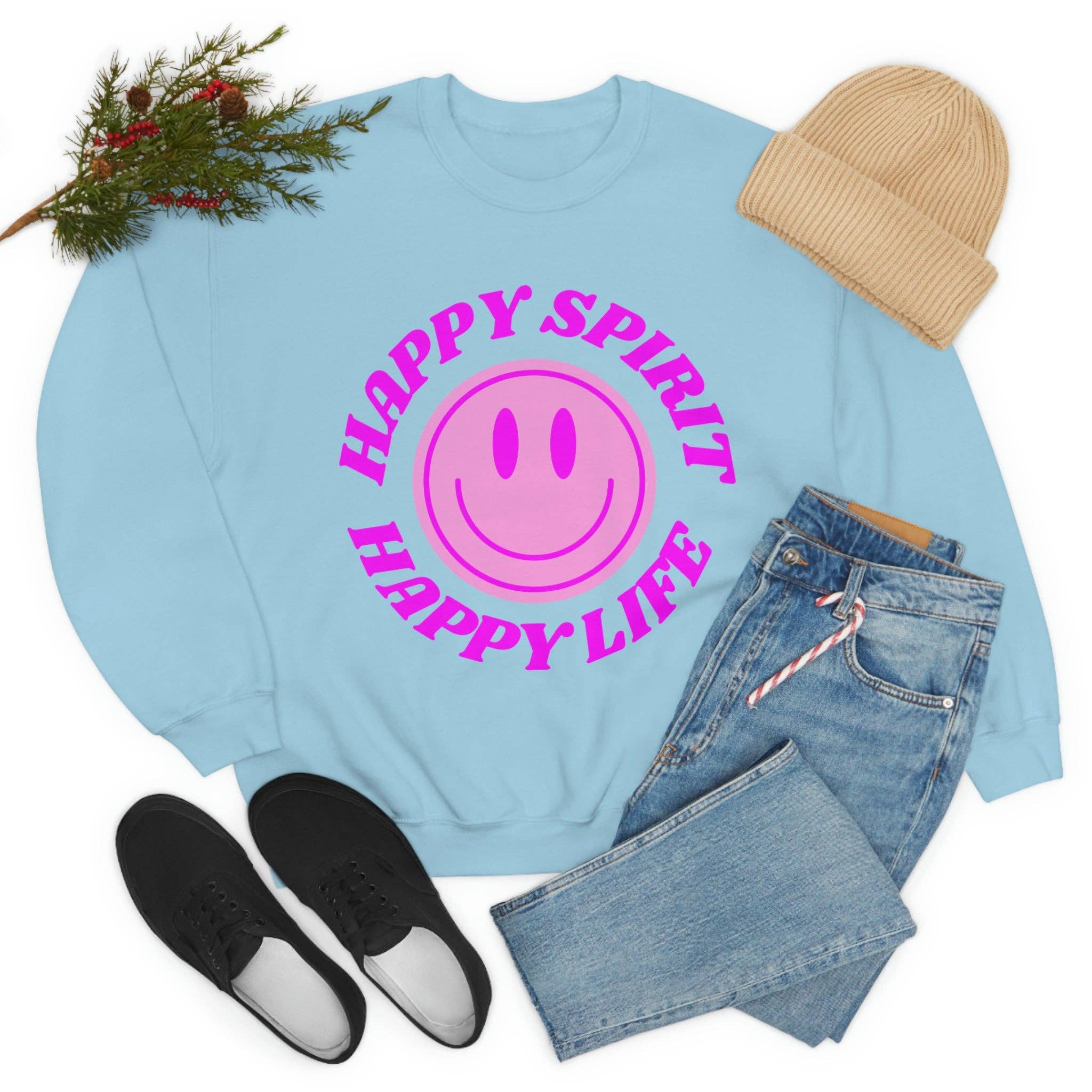 Happy Life Stuff - Wholesale Graphic Sweatshirt - Women's - Happy Spirit Happy Life Sweatshirt, VSCO Girl Crewneck, Oversized Retro Font Graphic Tumblr, Front Print Smile Face Trendy Cover Up60