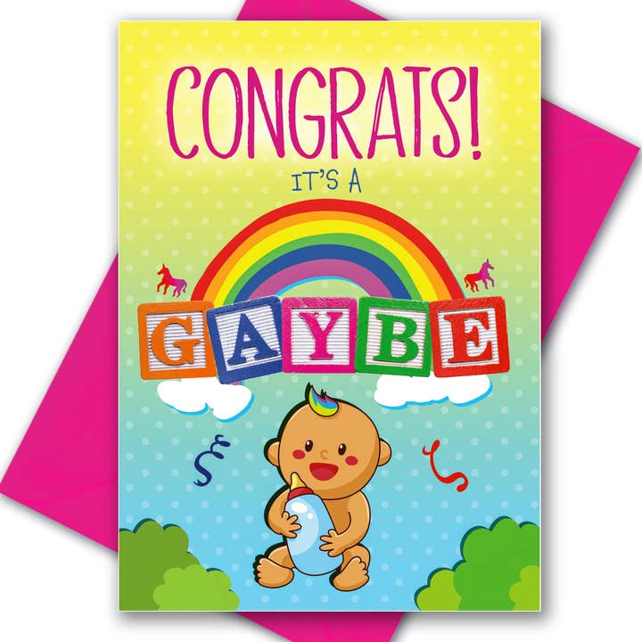 Gaybe Baby Gender Reveal Greeting Card (Gay, Queer, LGBTQ) for wholesale by Peachy Kings / Kweer Cards