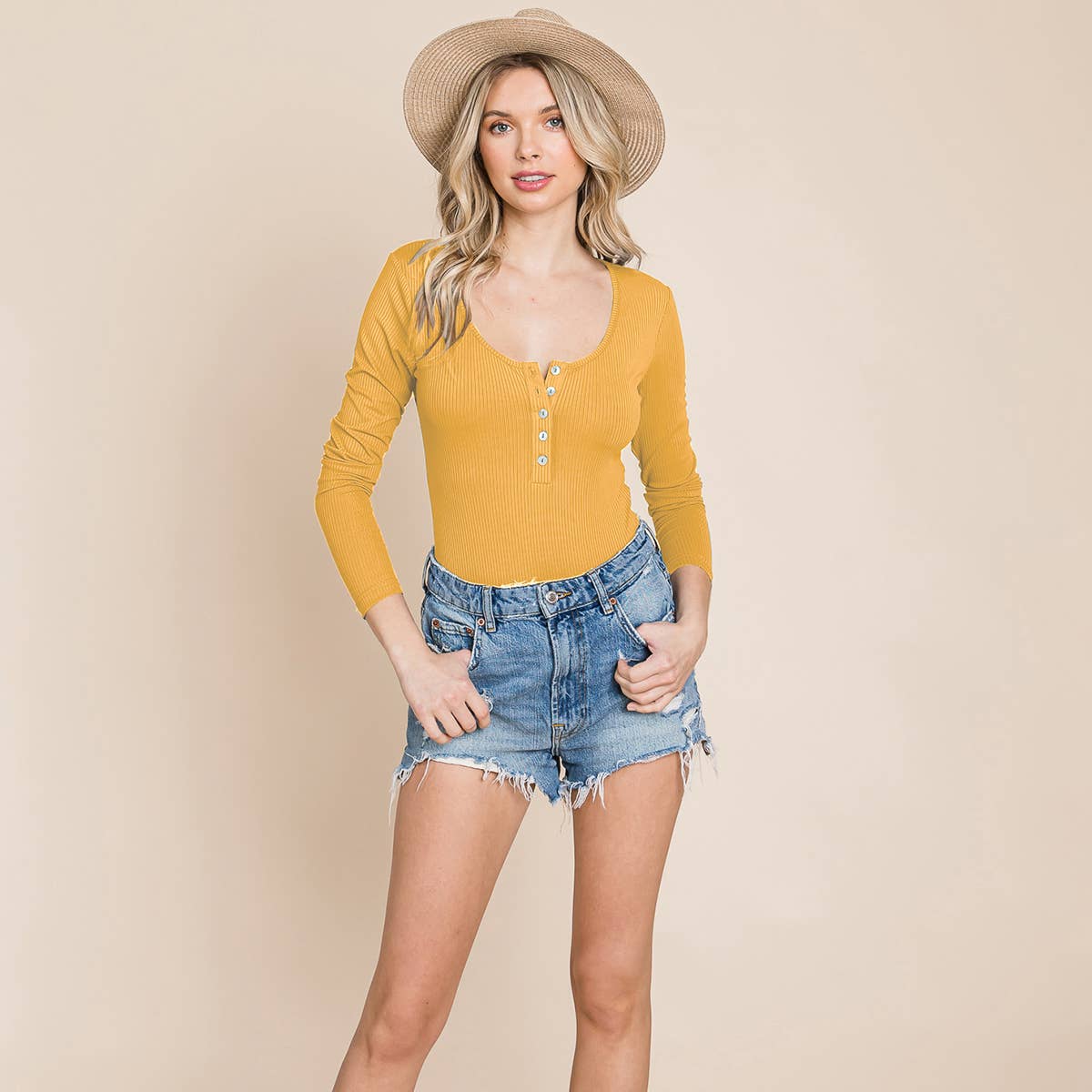 ROLYPOLY - Vendita all'ingrosso Body - Donna - Body Henley in maglia a costine a maniche lunghe con scollo rotondo10