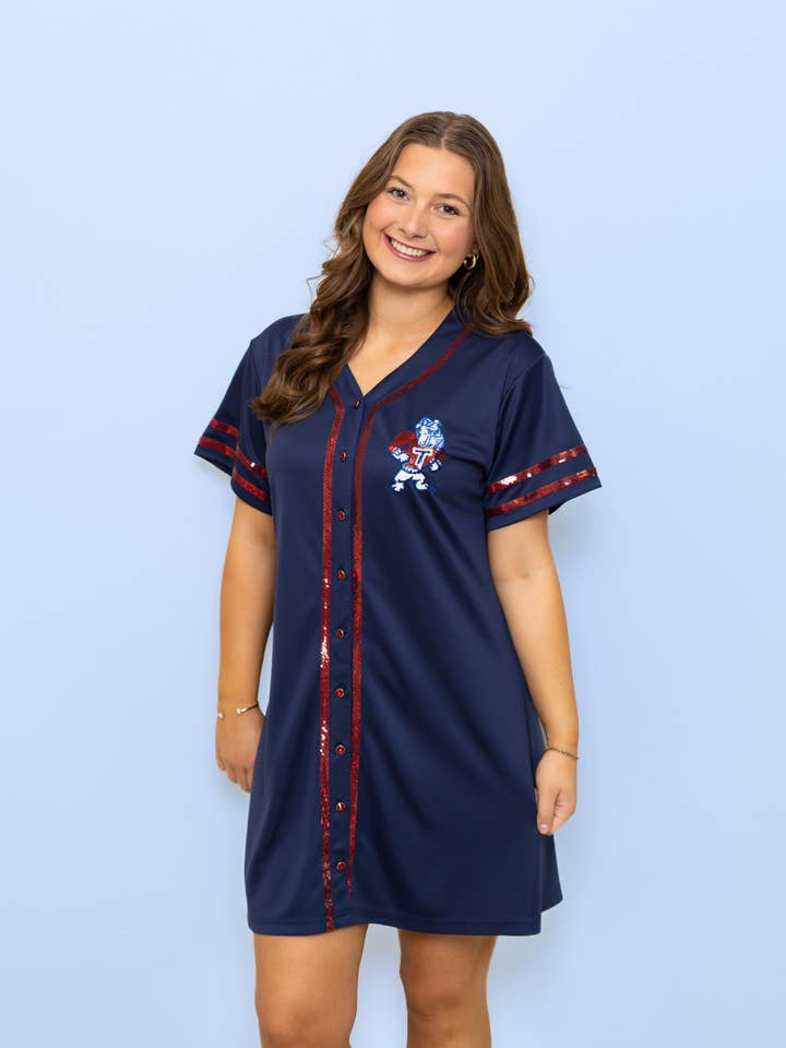 Wholesale | LA Tech Baseball (Licensed) | Women's Sequin Embroidery Baseball Jersey Dress (Navy) for wholesale by BOMB DESIGNS