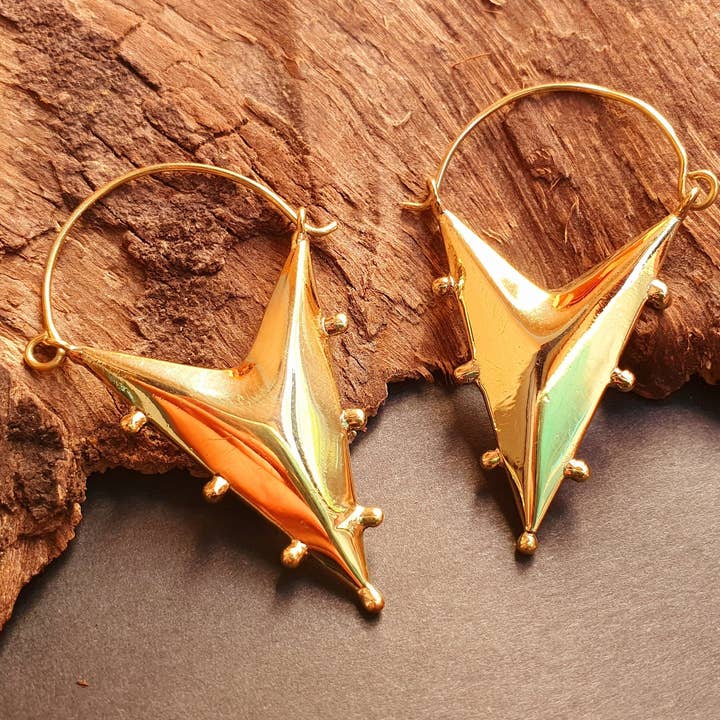 Steampunk Triangle Drop Tribal Brass Earrings; Ethnic Boho Chic Gypsy Spiral Hippie Tribal style for wholesale by Kaali Boutique