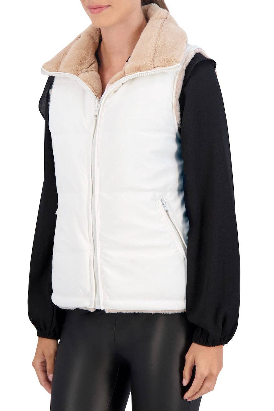 Ivory Carbon Puffer Vest Reversible to Grooved Faux Fur for wholesale on Faire4