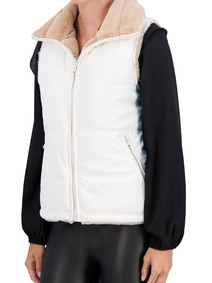 Ivory Carbon Puffer Vest Reversible to Grooved Faux Fur for wholesale on Faire4
