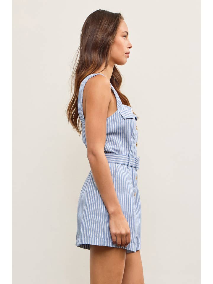 Mustard Seed - Wholesale Romper - Women's - BELTED WAIST BUTTON CLOSURE SLEEVELESS ROMPER