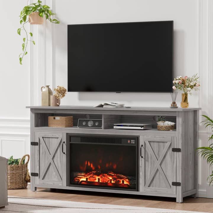Rustic Fireplace TV Stand 65 Inch with Barn Doors Grey Wash for wholesale on Faire2