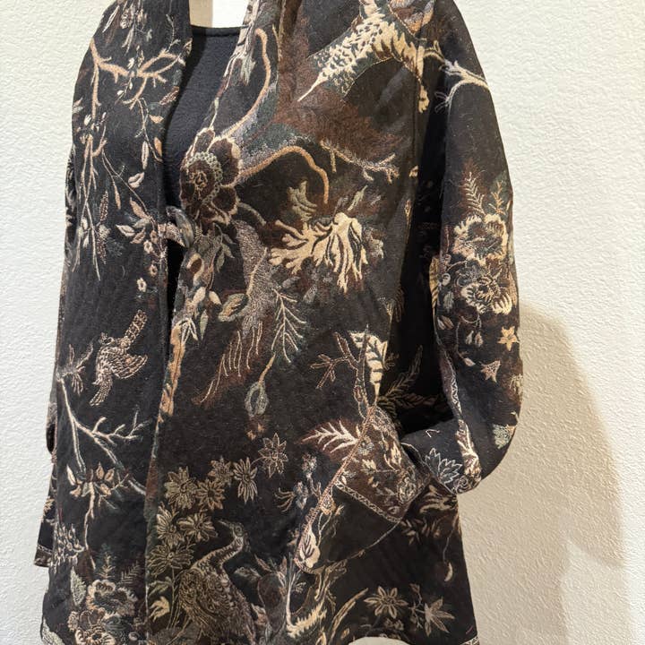 In Style Scarves - Wholesale Jacket – Women's - Reversible Merino Wool Duster Jacket Black Gray Bird Color2