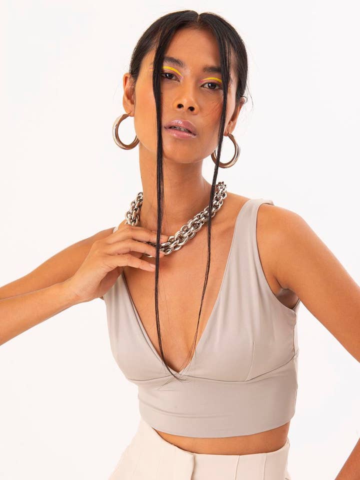 16889-Open Back Strappy Crop Top - Beige for wholesale by BSL