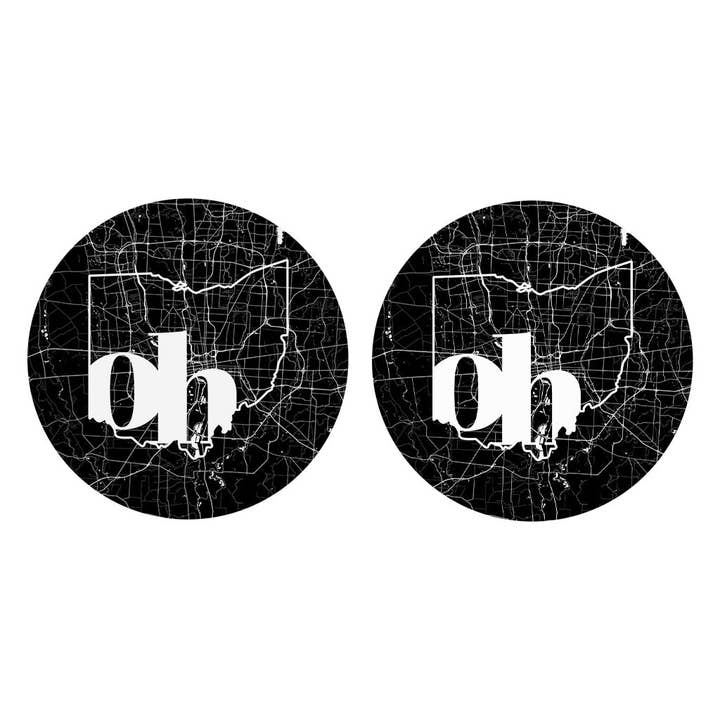 Black And White Abbreviated State Map Black Ohio Columbus | Absorbent Car Coasters | Set of 2 | Min 4 for wholesale by Love Local