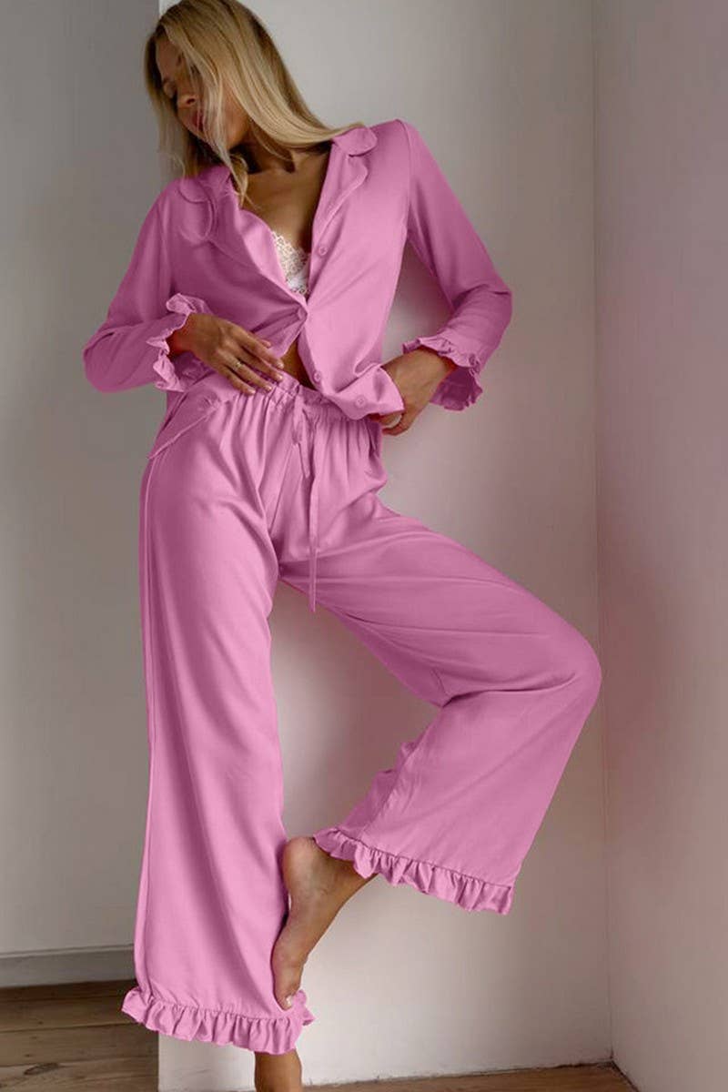 NINEXIS - Wholesale Sleepwear Set - Women's - CWSPJ0309_RUFFLED LONG-SLEEVED TROUSERS SLEEPING SET