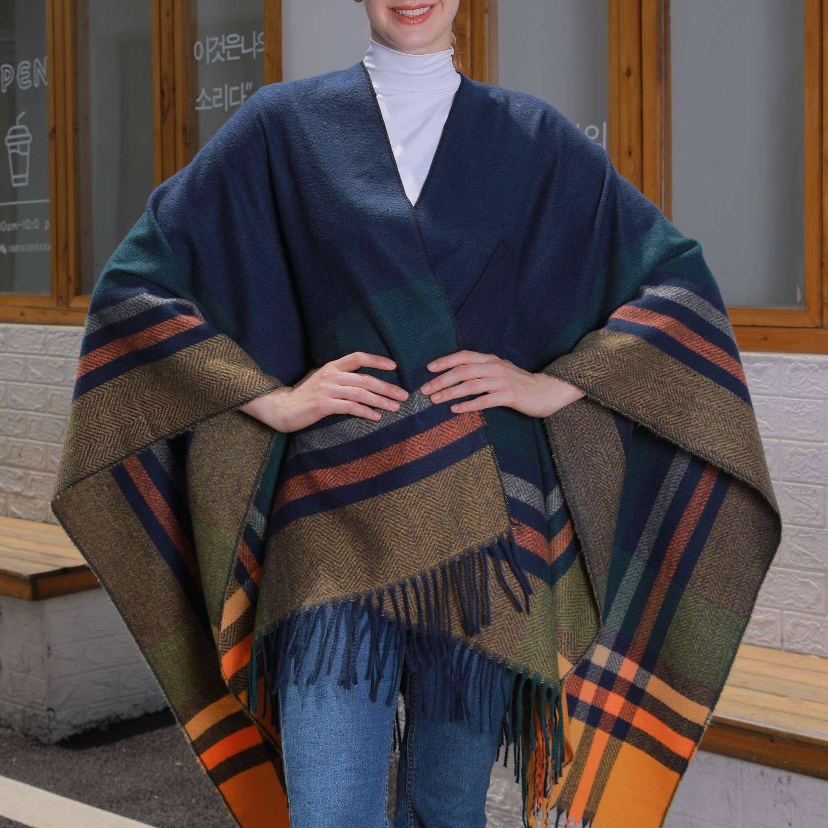 Rosa Clothing - Wholesale Wrap - Women's - Asymmetric Plaid Tassel Thermal Shawl Ruana6