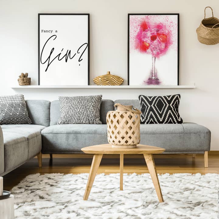 Fancy a Gin & Gin Art wandkunst set van 2 voor wholesale door Woolly Mammoth Media