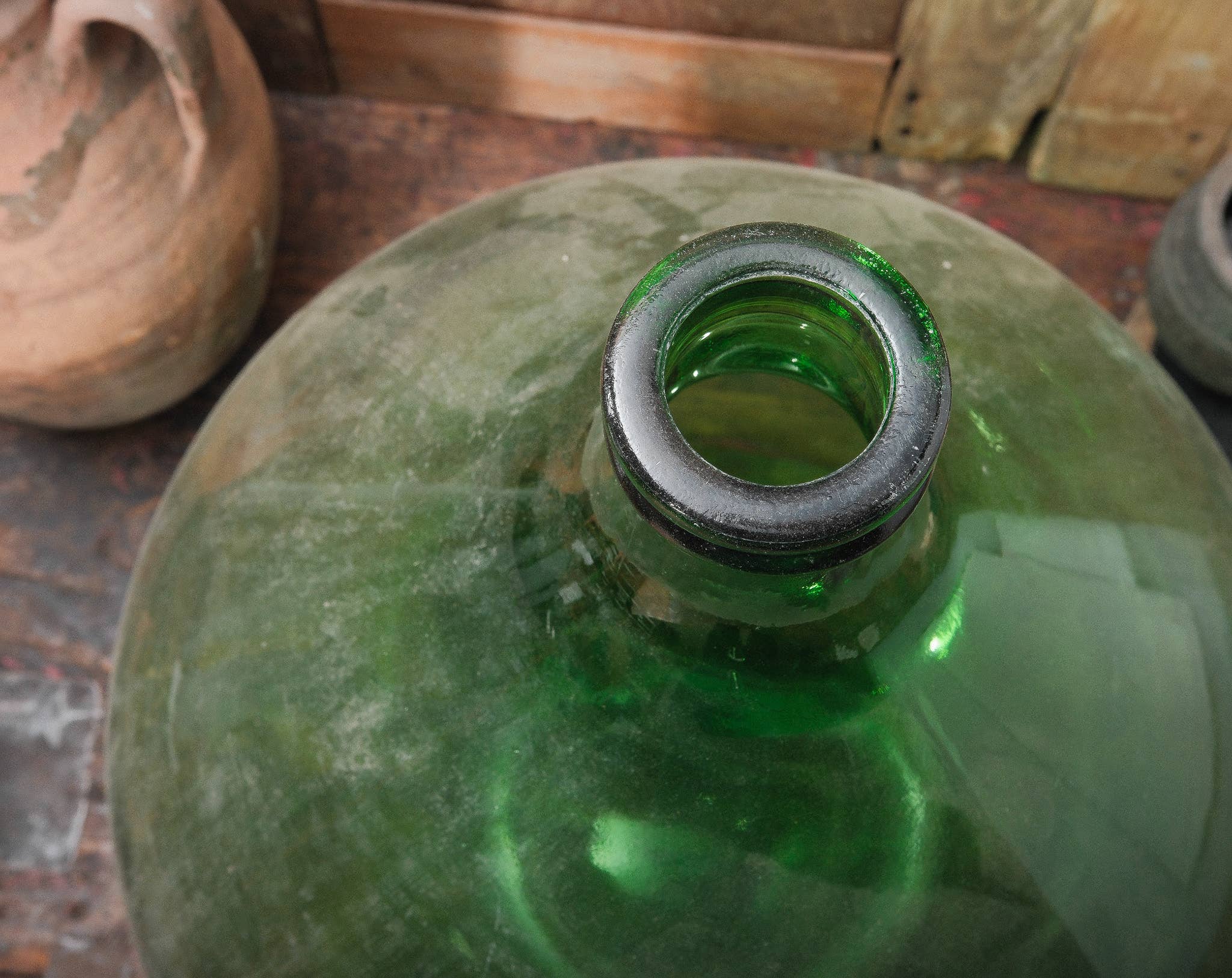 Golden Oldies Antiques - Wholesale Decorative Tabletop Object - Oversized Green Glass Demijohn Bottle2