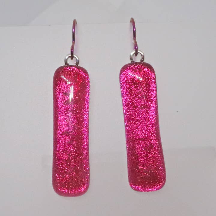 2" Long Bright Magenta Dichroic glass Niobium Earrings for wholesale by McCray Studios