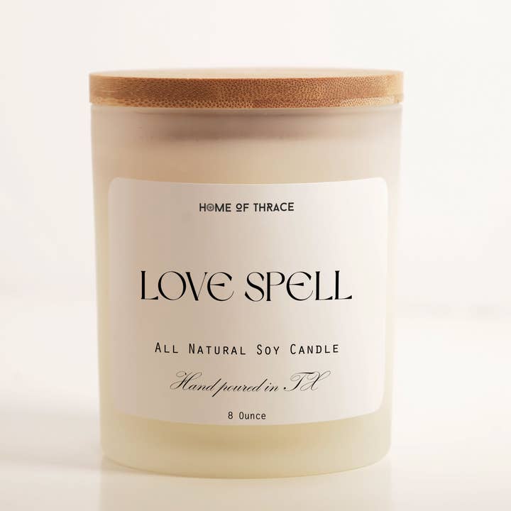 Love Spell 8 oz Soy Candle White Frosted Jar for wholesale by Home Of Thrace