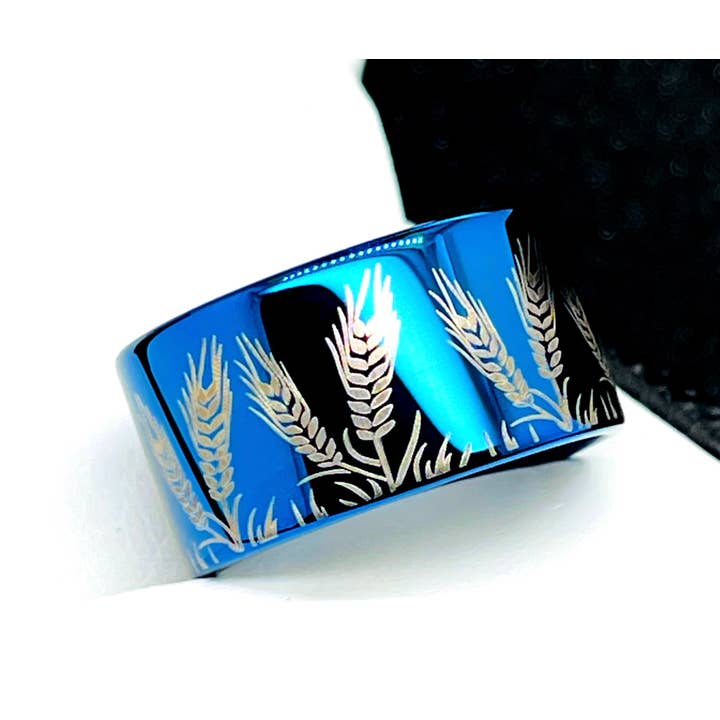 Wheat Grass Engraved Blue Tungsten Carbide Mens Ring for wholesale by rings paradise