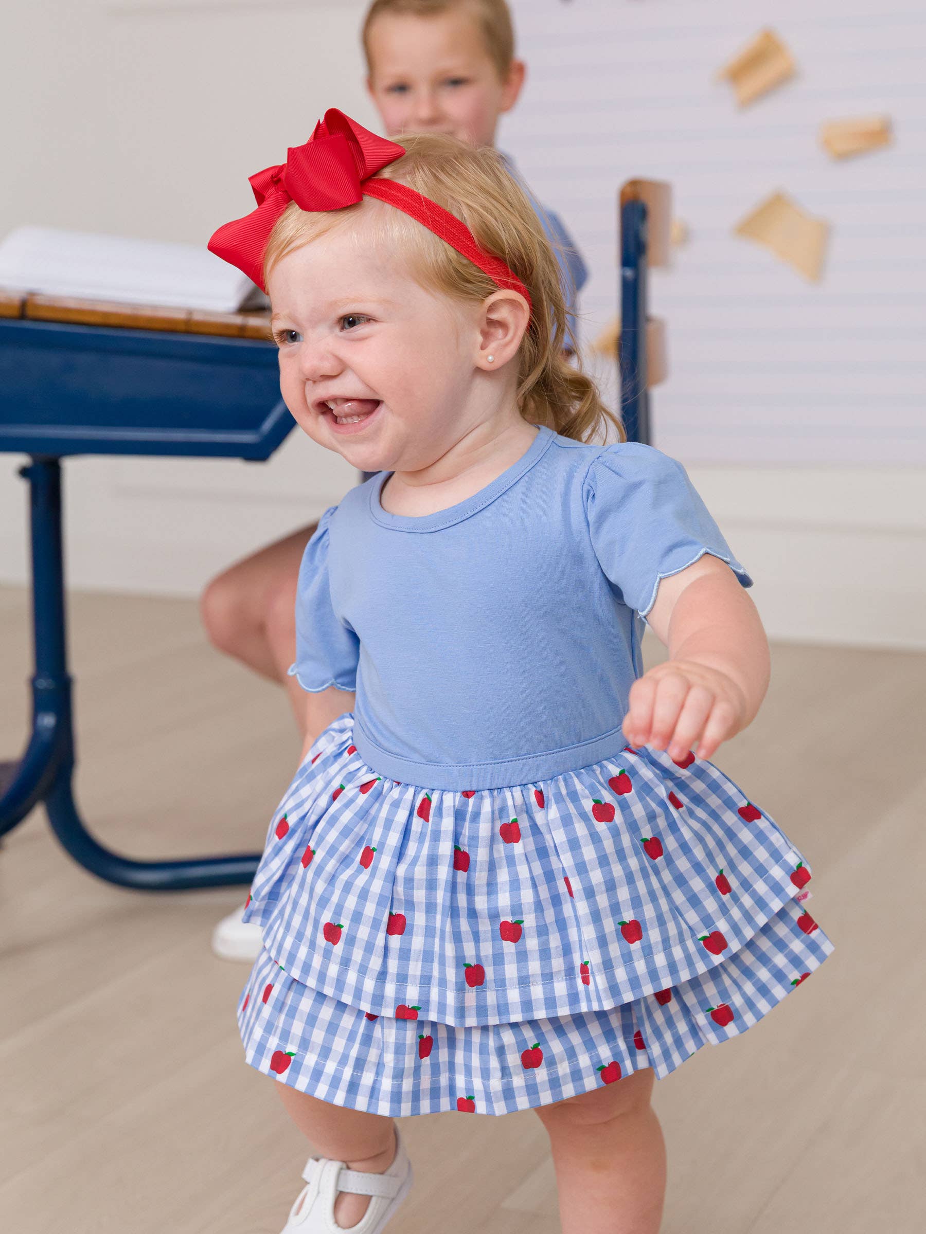 Blue Baby Girls Apple Orchard Classic Gingham Short Sleeve Skirted Romper for wholesale on Faire3