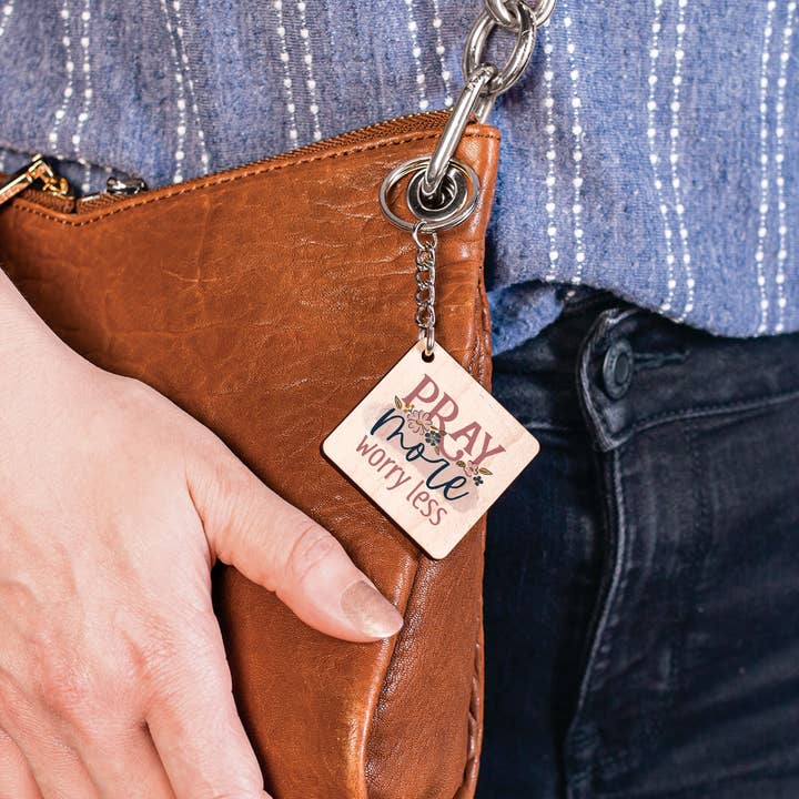 Pray More Worry Less Maple Veneer Keychain for wholesale by P. Graham Dunn