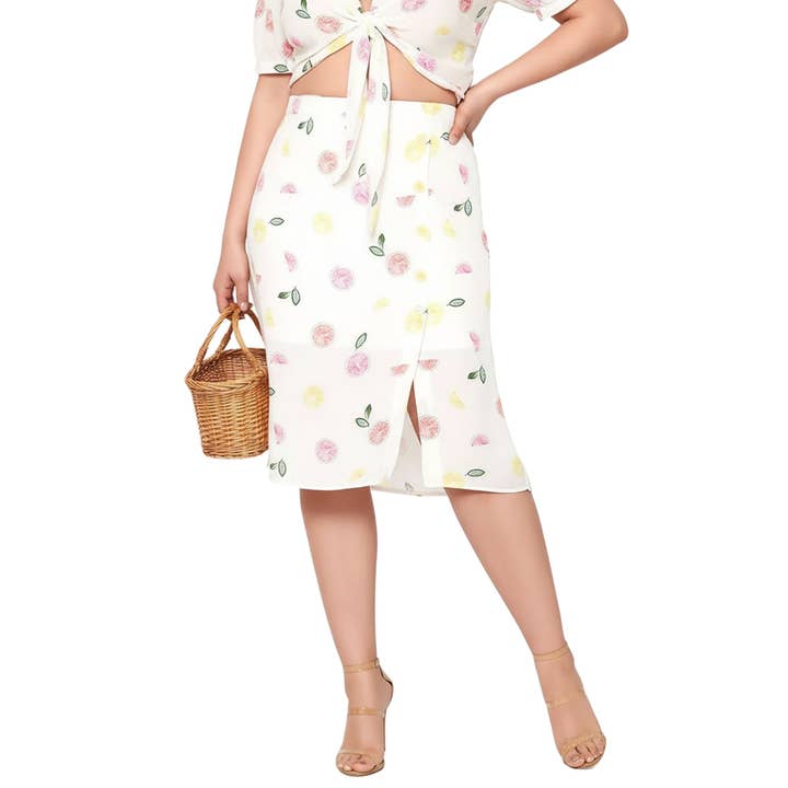 Robin K - Vente Jupe – femme - Jupe mi-longue Nurode à boutons Fruit Punch, grande taille, en tissu Frui2