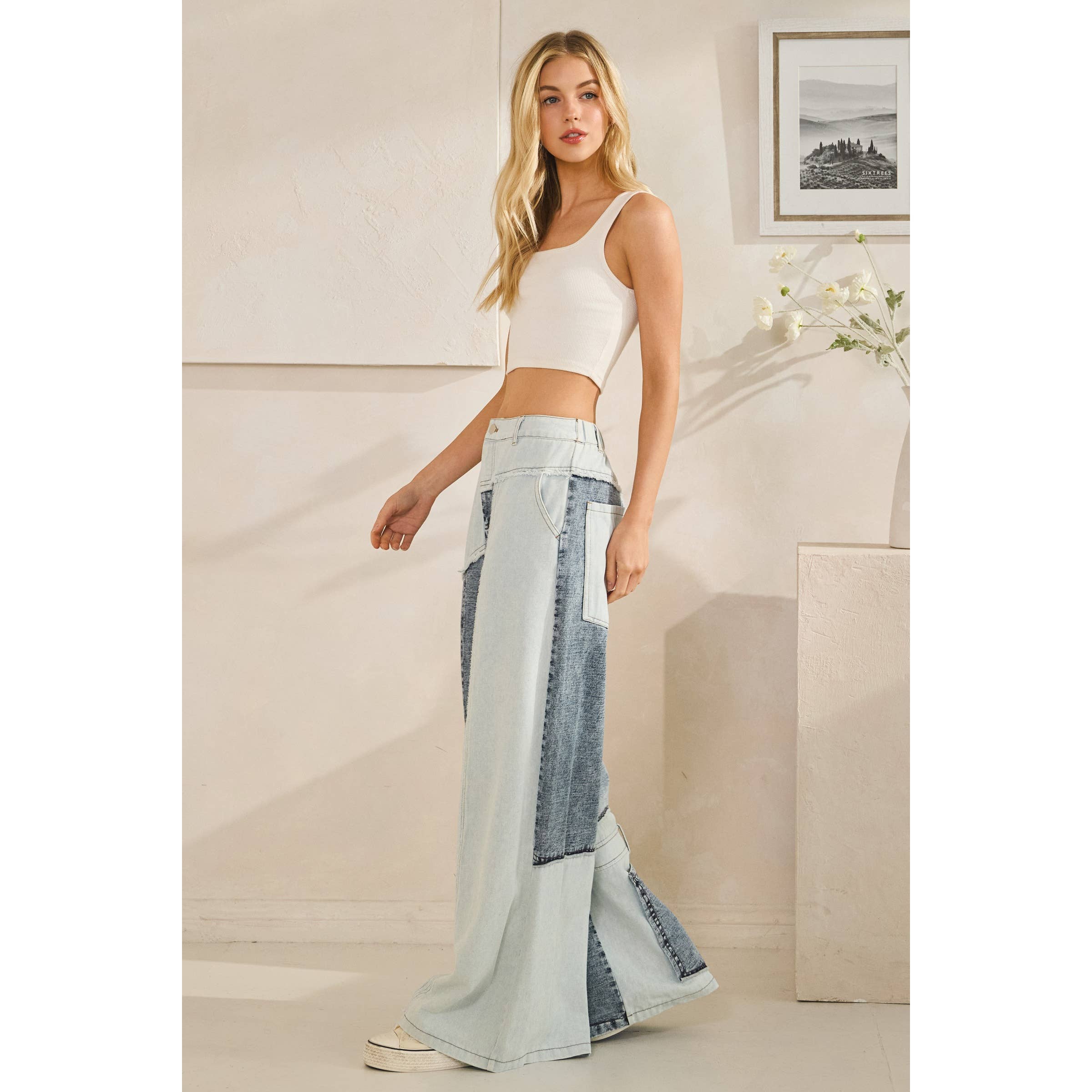 MEZCLILLA JEANS RECTOS ANCHOS DE MEZCLA DE DENIM LAVADO CON CONTRASTE de venta al por mayor en Faire4